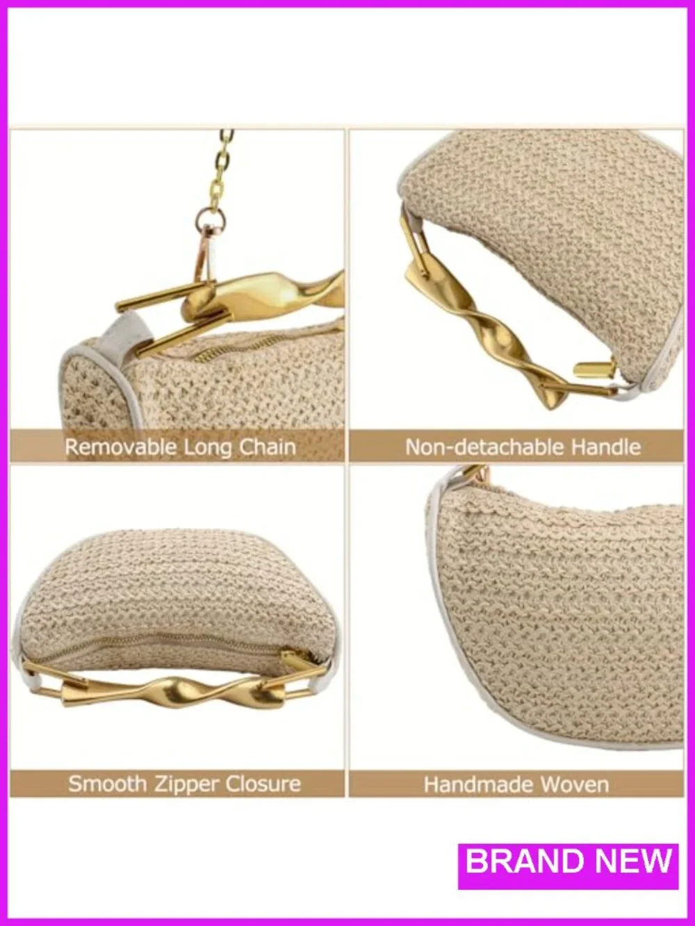 Woven Straw Clutch Purse with Gold Metal Handle Crossbody Bag
